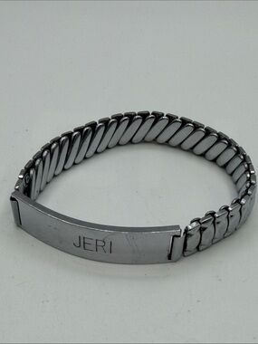 Vintage Mid Century Jeri Identification Bracelet Stretchy Japan Silver Tone